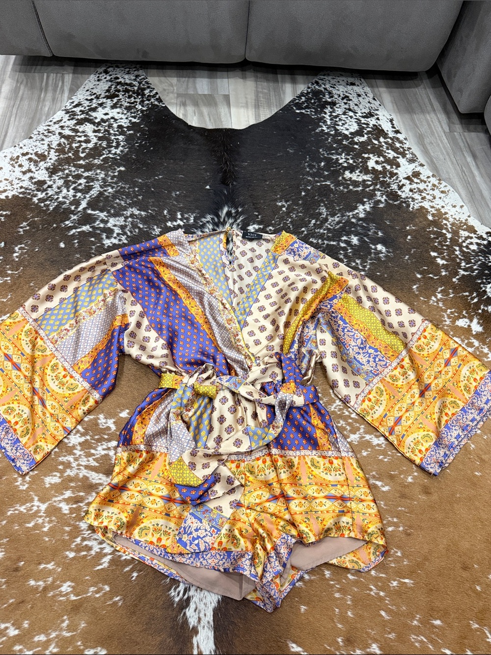 Vici Multicolor Patchwork Satin Romper - Yellow, Purple, Cream